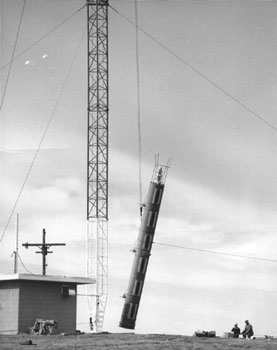 CJFB-TV raising the original transmitter to the top of the 360' tower overlooking Swift Current. 
